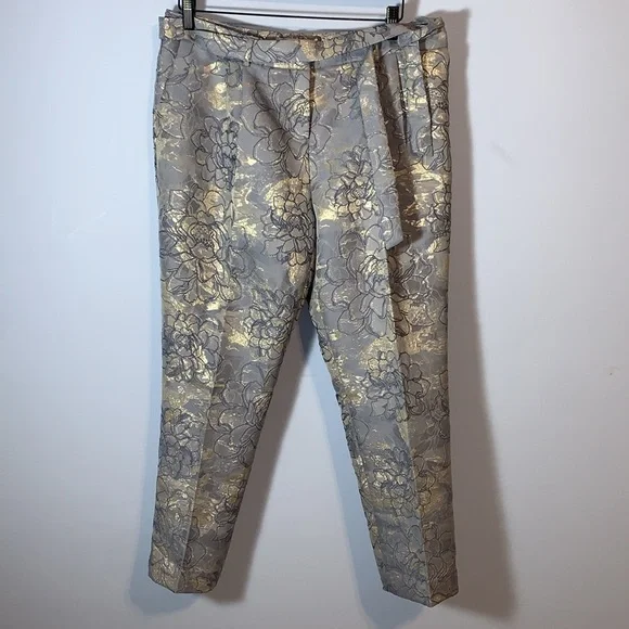 Tahari Arthur S Levine periwinkle Blue Gold silver metallic jacquard pants 10P - Picture 3 of 11